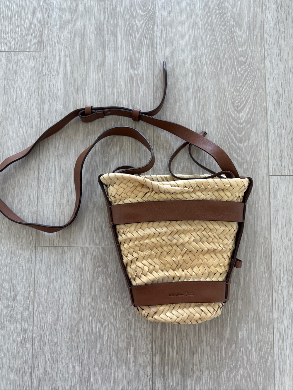 Massimo Dutti Beige Woven Straw Crossbody with Brown Leather Trim